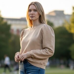 Cynthia Rowley - Beige Crewneck Top Sweater w/ Puff Shoulders